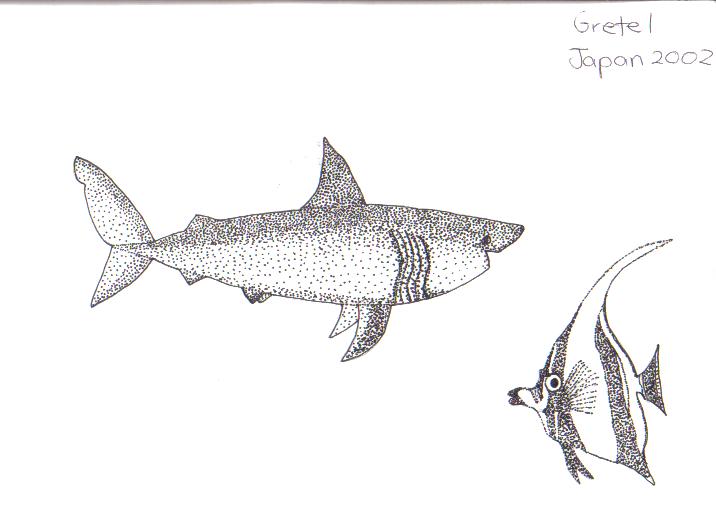 some sealife I drew when I went to school in Japan, 2002 had to construct them from dots