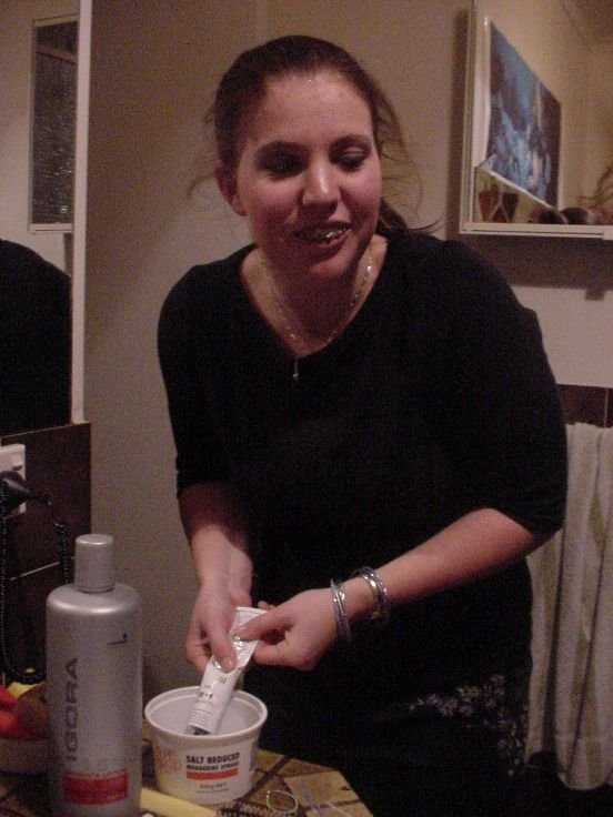 Gee Hair Dressing is hard work!..Maybe I should choose another career' - Lav getting ready to Dye Nat's hair