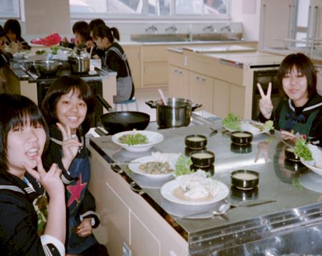 My buds from school in Japan, Yoshimi, Ai and Rie in cooking class